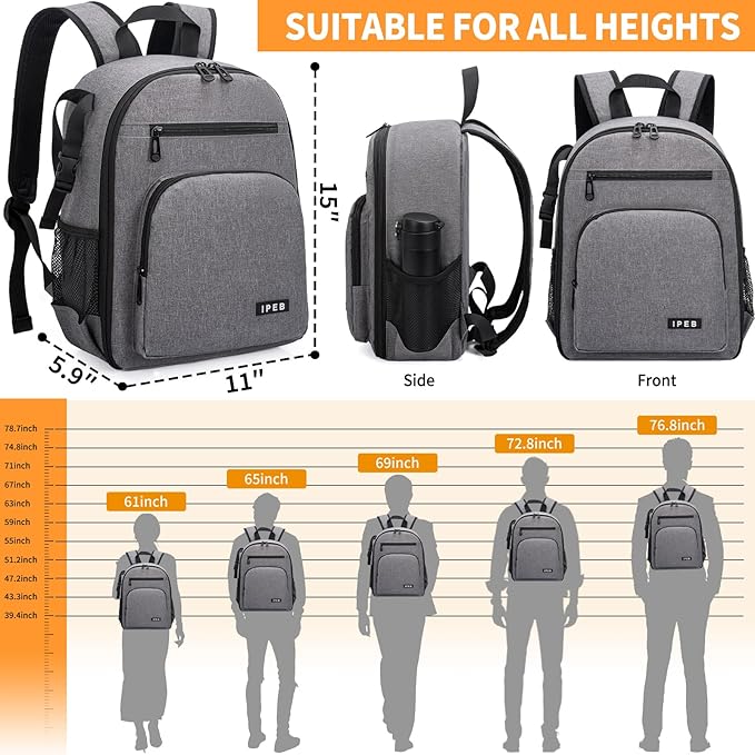 IPEB Camera Backpack for DSLR/SLR/Mirrorless Bag Professional Waterproof Camera Case 11"X5.9"X15" for Photographers Grey Orange