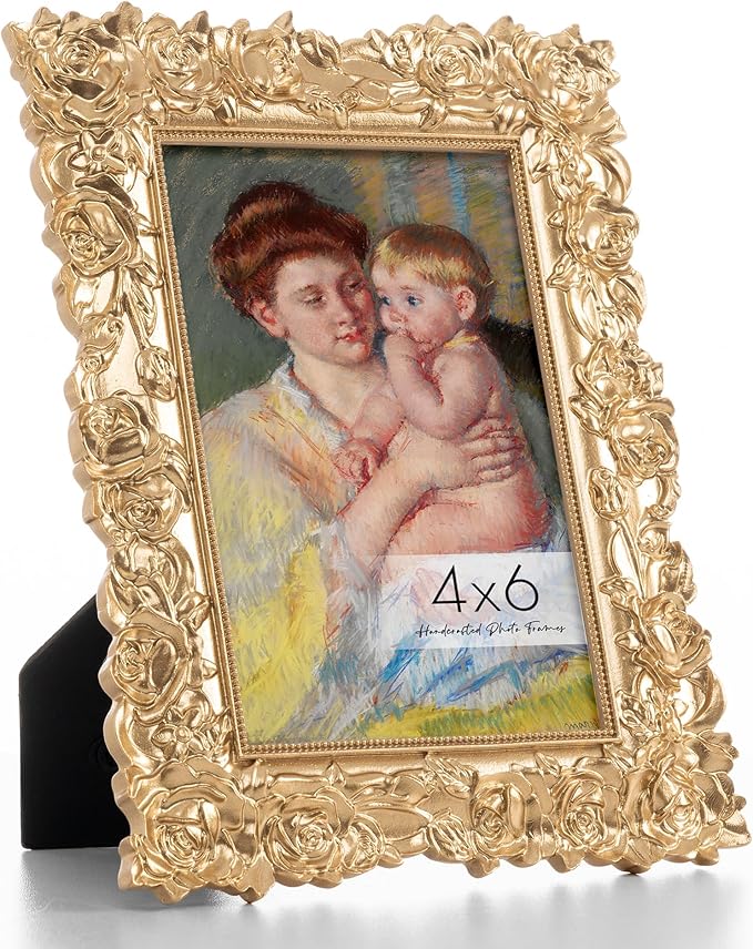 Axeman Vintage Gold Frames 4x6 | Antique 4 x 6 Gold Picture Frame with Real Glass | Ornate Rose 4x6 Picture Frame for Wall & Tabletop Display | Retro 4 x 6 Frame