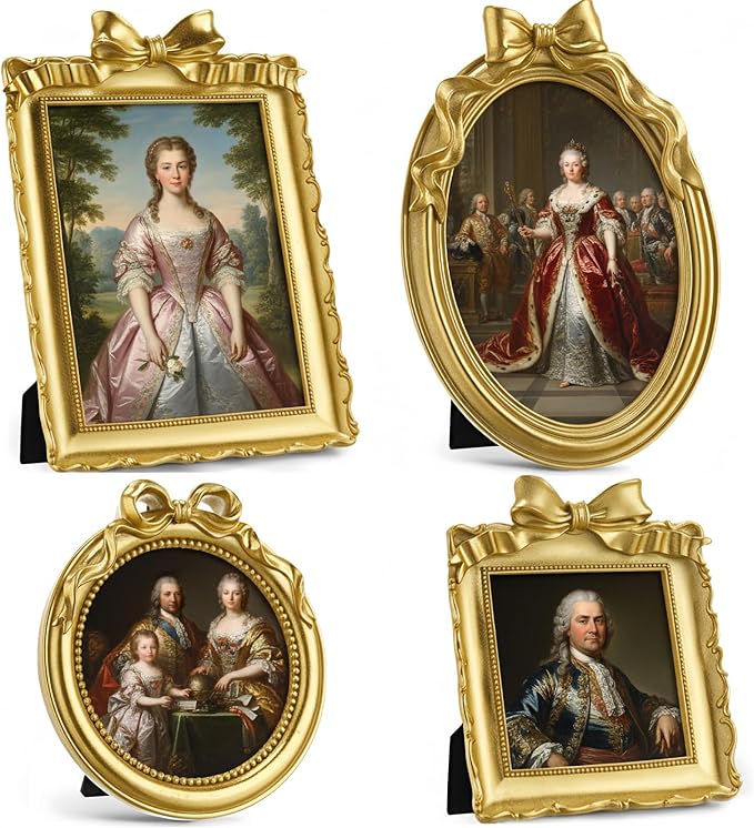 4 Pcs Vintage Picture Frames 5x7 4x6 4x4 inch Baroque Gold Resin Photo Frames with Glass Front Ornate Wall Hanging and Tabletop Display for Retro Home Decoration Wedding Gallery Hotel(Bowknot)