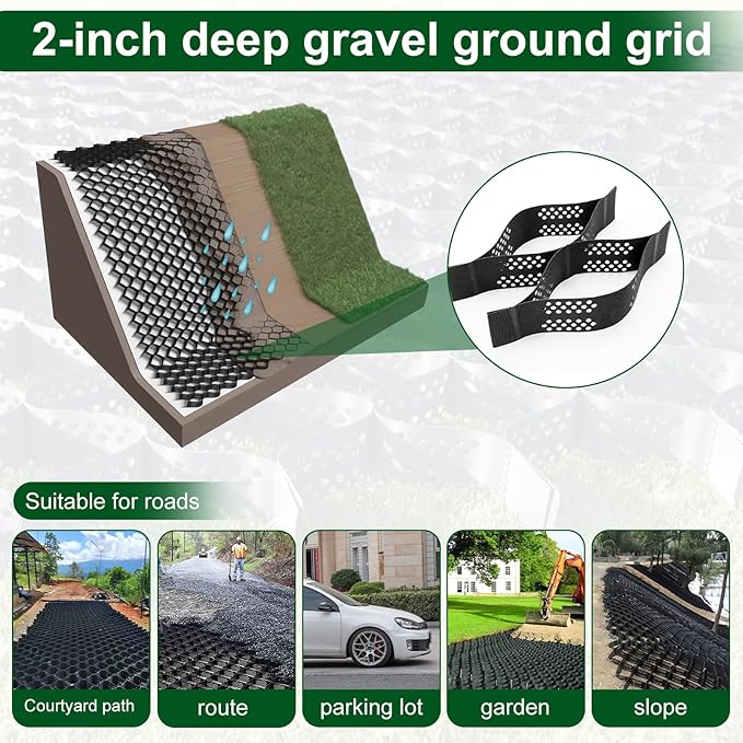 2 Inch Depth Gravel Ground Base Grid Stabilizer Mud Slope Control Driveway HDPE Material Expandable Folding Permeable Paver Honeycomb Grid for Paths,Sidewalks,ParkingLots,Gardens,Yards (13 X 33 FT)