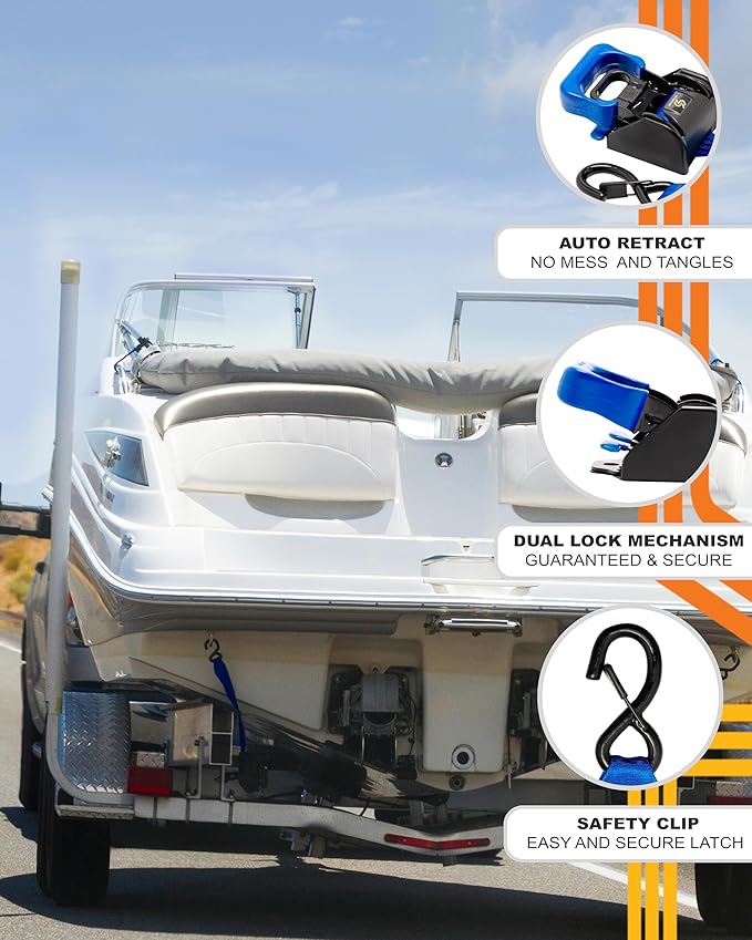 Strapinno 2PCS Retractable Ratchet Straps (1 7/8 in x 4 ft) Heavy Duty Transom Tie Downs for Boat, PWC Trailer - Extra Mounting Brackets & Bolt Set,Safety Latch S-Hook,Break Strength 2,600LBS/1,180KG