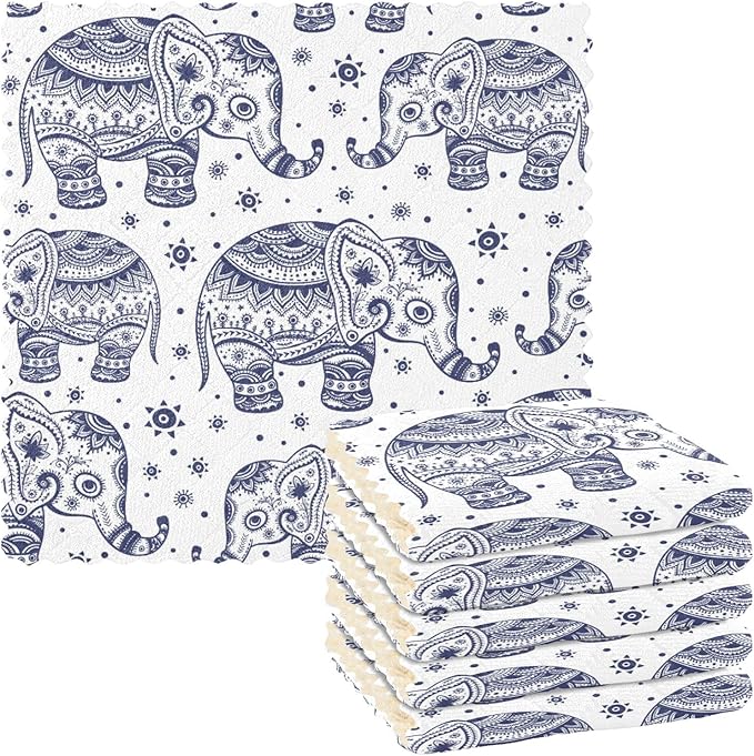 CaTaKu Paisley Ethnic Elephant Kitchen Dish Cloths, 6 Pack Reusable Dish Rags for Washing Dishes, Microfiber Cleaning Cloths Dish Towels Washcloths for Kitchen Drying