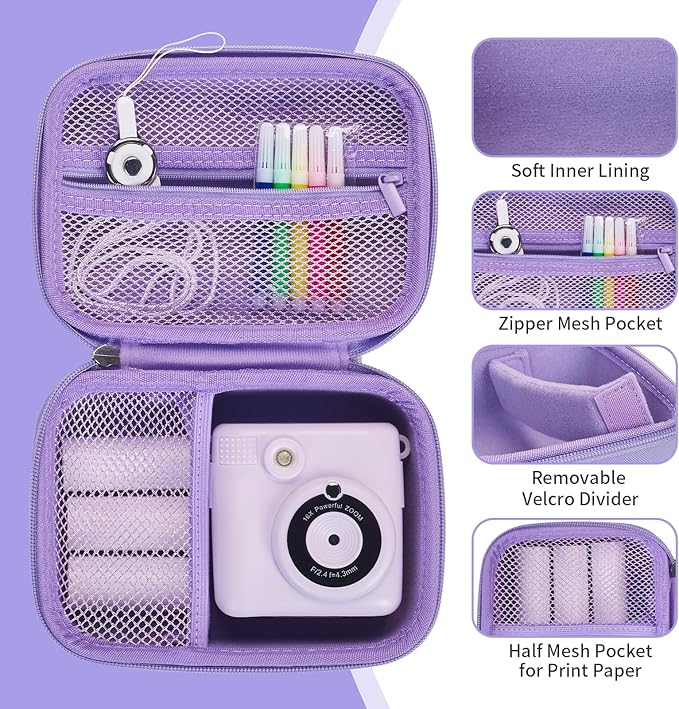Hikkon Camera Case Compatible for ESOXOFFORE/Upgrade/Dylanto/Yehtta/HiMont/CAMCLID Kids Instant Print Camera Toy,Portable Digital Camera Storage Holder Organizer Bag (Case Only) - Purple