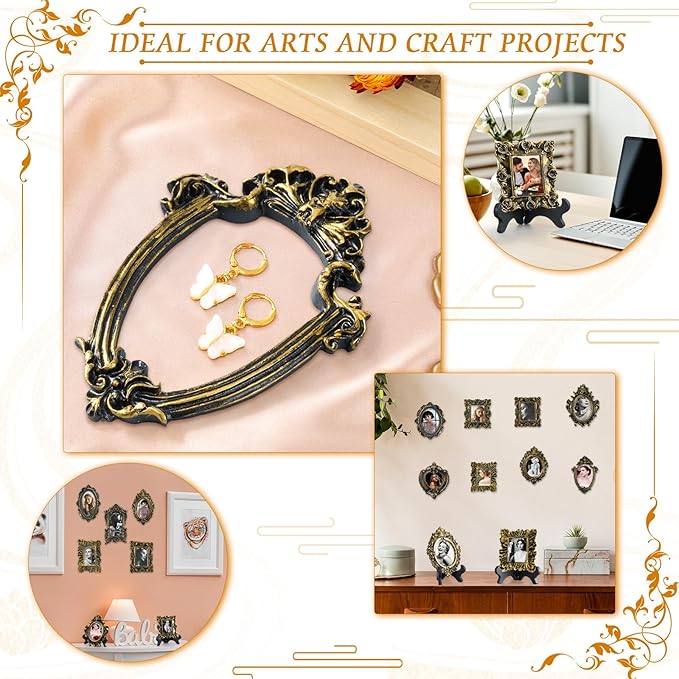 Tatuo 20 Sets Mini Picture Frames and Display Stands Vintage Resin Picture Frame Resin Holder for Home Office Bedroom Living Room Wedding Decor (Black and Gold)