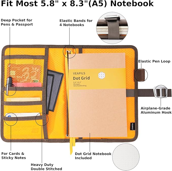 Field Journal Notebook A5 Planner Cover, Travel Journal for Men & Women A5 Travelers Notebook Cover, Water Resistant Waxed Canvas A5 Cover with Pen Holder, Included 5.8" x 8.3" Refillable Field Book