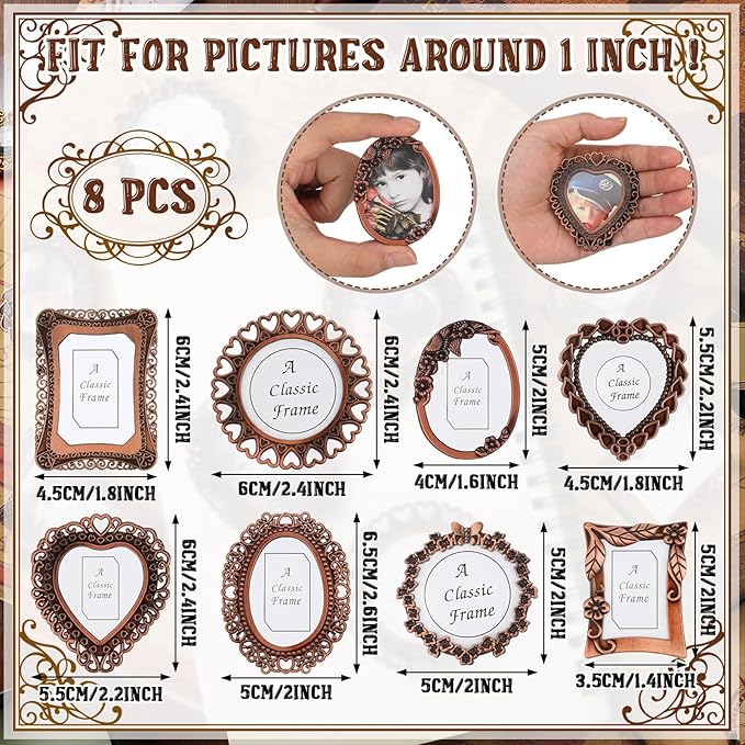 Qunclay 8 Pcs 1"x1" Mini Vintage Picture Frame Tiny Metal Picture Frames Antique Mini Frame Wallet for Christmas Tabletop and Wall Display Old Fashioned Photo Gallery Art Decor