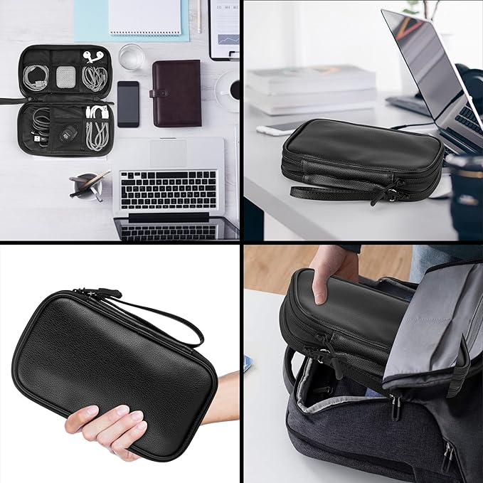 Arae Leather Travel Essentials Electronic Organizer - Double Layer, Waterproof Case for Cables, Chargers & More - Portable, Shockproof Pouch for All Electronics Accessories (Leather Black, M)