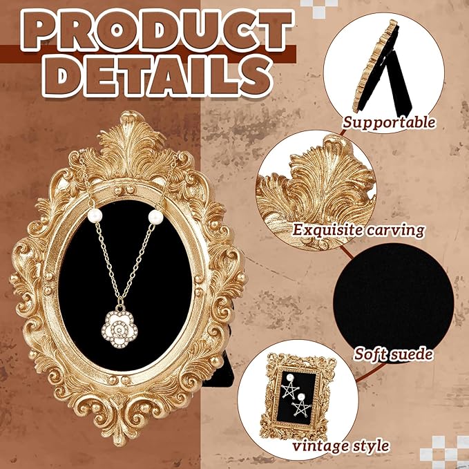 4 Pcs Mini Vintage Jewelry Display Stand Baroque Gold Picture Frame Necklace Earrings Holder Jewelry Photography Props Organizer with Velvet Backing Antique Decor for Wedding Women Gift