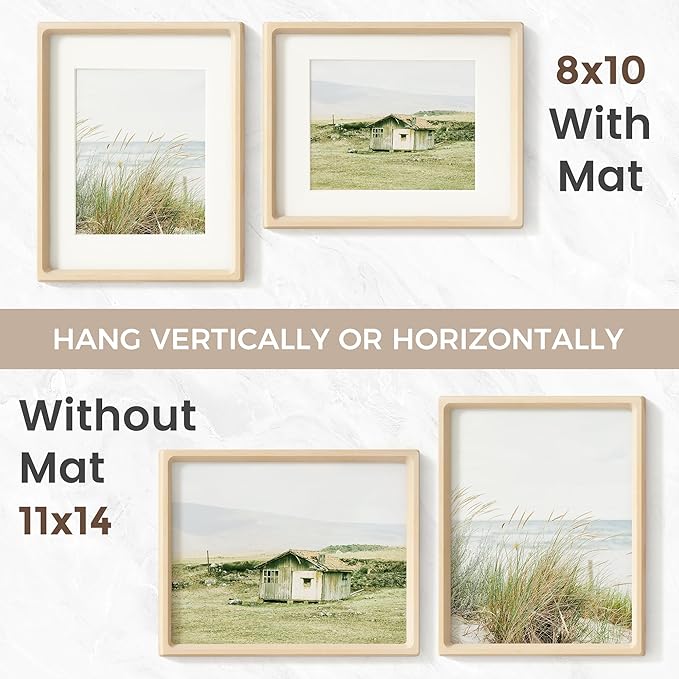 11x14 Picture Frame, USA-Sourced Natural Maple Wood Photo Frame with Tempered Glass, Handcrafted Rounded Corner 11 x 14 Wooden Frame Matted to 8x10 Photos, Wall or Tabletop Display