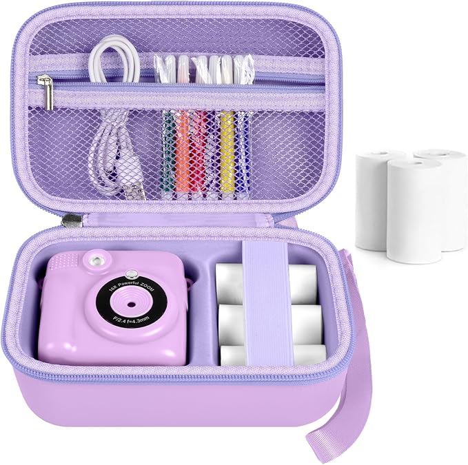 Kids Instant Print Camera Case for ESOXOFFORE Digital Video Cameras with 3 Rolls Paper Refill, Toddler Film Camera Storage Holder Bag with Mesh Pocket for Thermal Paper Accessories (Box Only)- Purple