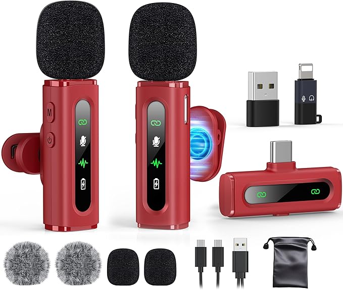 USB C Lavalier Microphone Wireless Mini Mic for Type-C Android Phone/Tablet/PC Video Recording Clip-on Mics with Rotatable Clip&Denoise Recording, Ideal for Vlog Tiktok Youtube Content Creator, Red