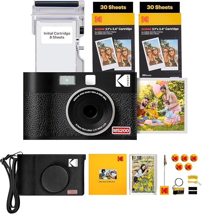 KODAK Mini Shot 2 ERA 4PASS 2-in-1 Instant Camera and Photo Printer (Black, Camera + Initial 8 Sheets + 60 Sheets + Accessories)