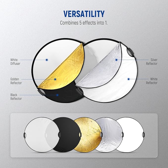 NEEWER 32"/80cm Light Reflector, 5 in 1 Foldable Multi Disc Photography Light Diffuser Translucent/Silver/Gold/White/Black with Clamp/Grips, 3/8" Thread/Cleaning Cloth for Outdoor Lighting, RF-80II