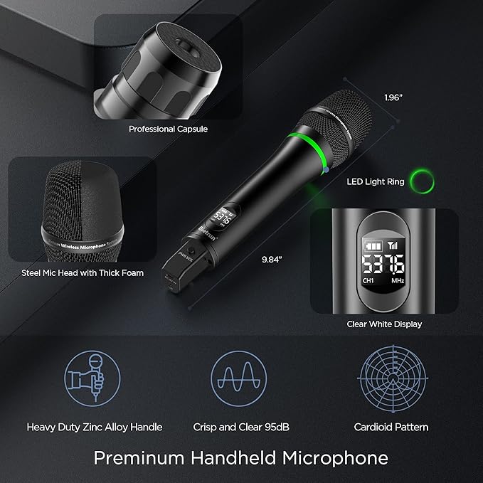 Bietrun 8-Channel Wireless Microphone System with 8 Rechargeable Mics Wireless, UHF 295ft Range, Professional Metal Cordless Dynamic Vocals Mics for Adults,Karaoke Party,Singing,Church,(Auto Connect)