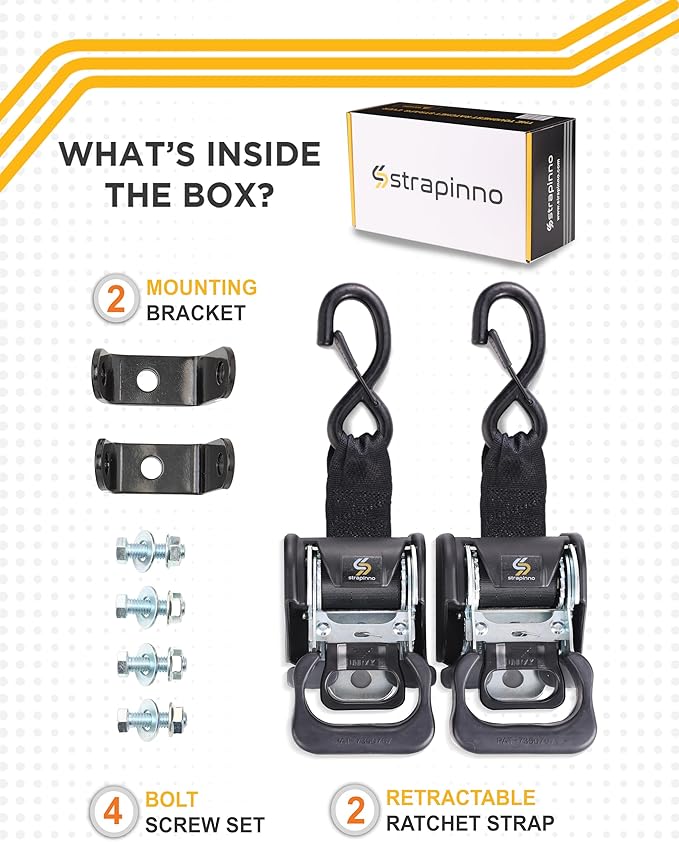 Strapinno 2PCS Retractable Ratchet Straps (1 7/8 in x 4 ft) Heavy Duty Transom Tie Downs for Boat, PWC Trailer - Extra Mounting Brackets & Bolt Set,Safety Latch S-Hook,Break Strength 2,600LBS/1,180KG