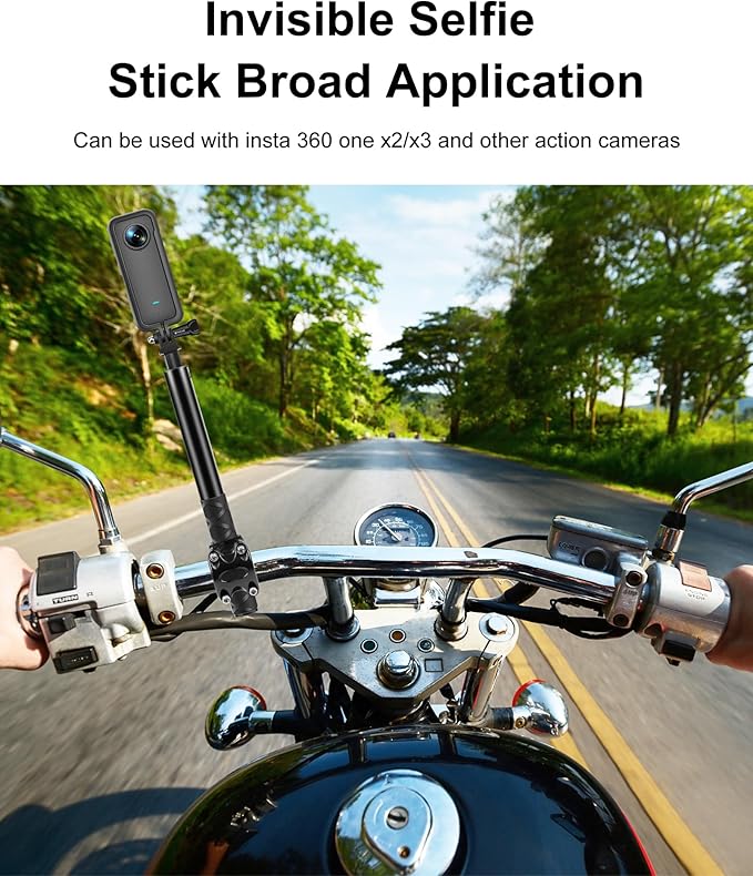 PULUZ Third Person Perspective Motorcycle Bike Handlebar Mount Selfie Stick Pole for Gopro, Insta360 X4 X3, Action Camera Clamp Monopod Stand 11-44.7 inch