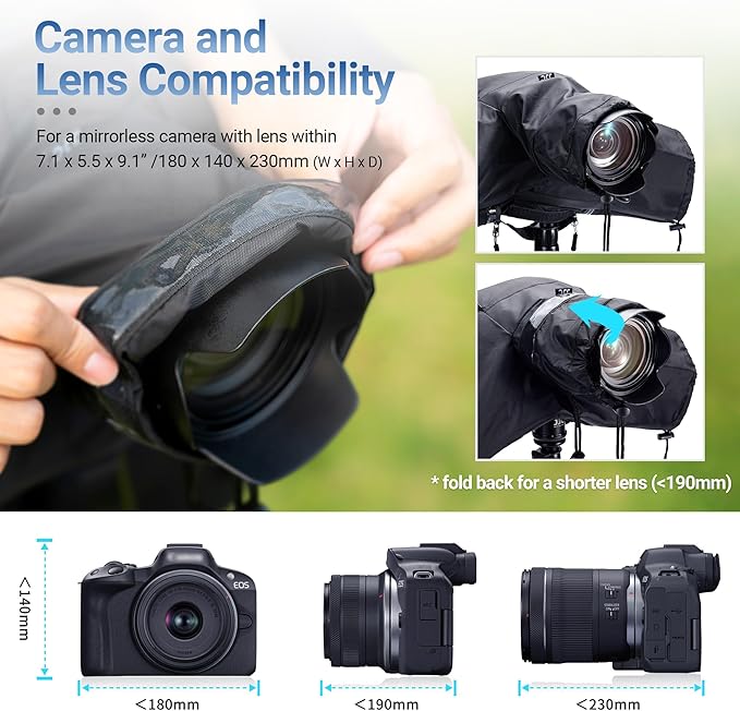 JJC Camera Rain Cover Sleeve for Canon Nikon Sony Fujifilm Mirrorless Camera with Lens Below 7.1x5.5x9.1” (WxHxD), Nylon Camera Rain Coat Protector with Zippered See Through Windows-Black
