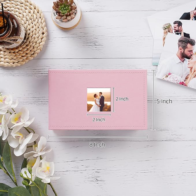 potricher Small Photo Album 4x6 100 Photos Leather Cover Picture Book with 100 Horizontal Pockets for Family Wedding Anniversary and Baby (Pink)