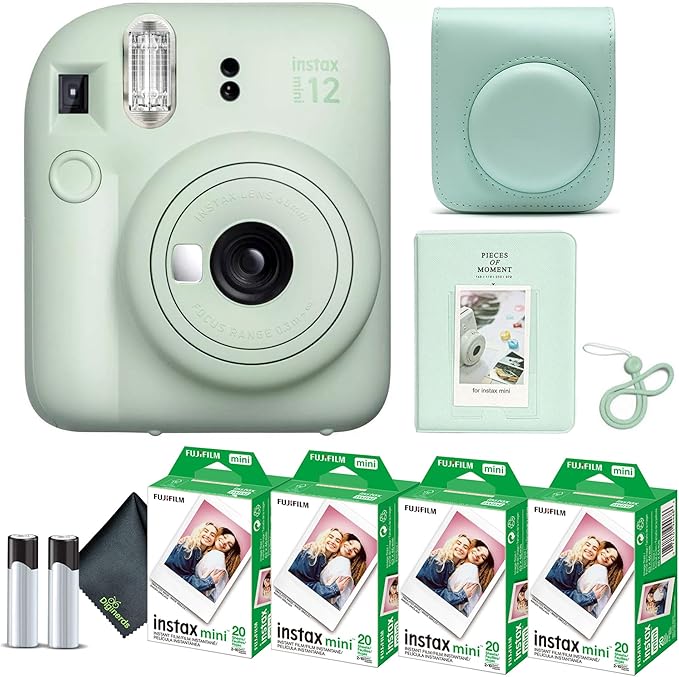 Fujifilm Instax Mini 12 Instant Camera Mint Green Bundle with Fuji Instax Mini Film Value Pack (80 Sheets) + Protective Carrying Case + Photo Album + Microfiber Cleaning Cloth