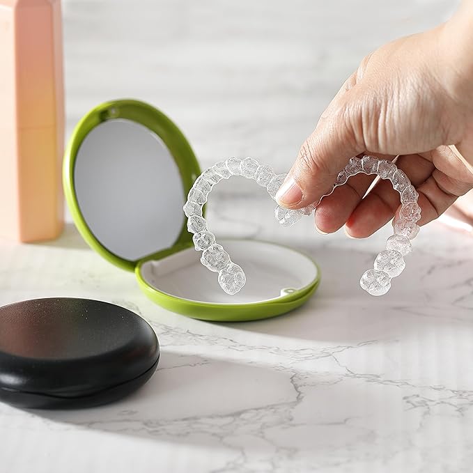 2 PCS Retainer Cases, Compatible with Invisalign, Mouth Guard Case with Mirror, Suitable for Storage Retainer Removal Tool, Chewy, and Brush (1PCS Green White+1PCS Black Purple)