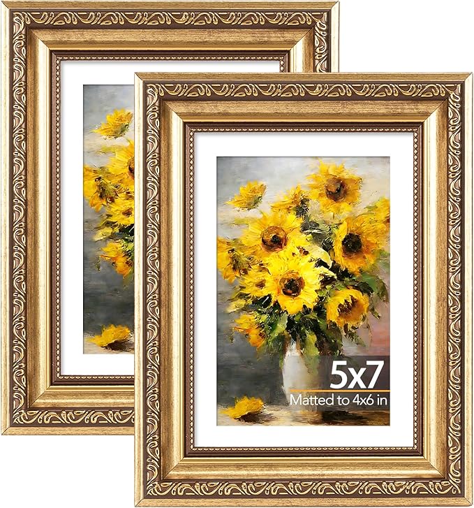 5x7 Vintage Picture Frame with 4x6 Mat Set of 2, Elegant Retro 5 by 7 Photo Frame with Shatter-Resistant Plexiglass for Wall or Tabletop Display, Gallery Decor & Gift, Gold, 2 Pack