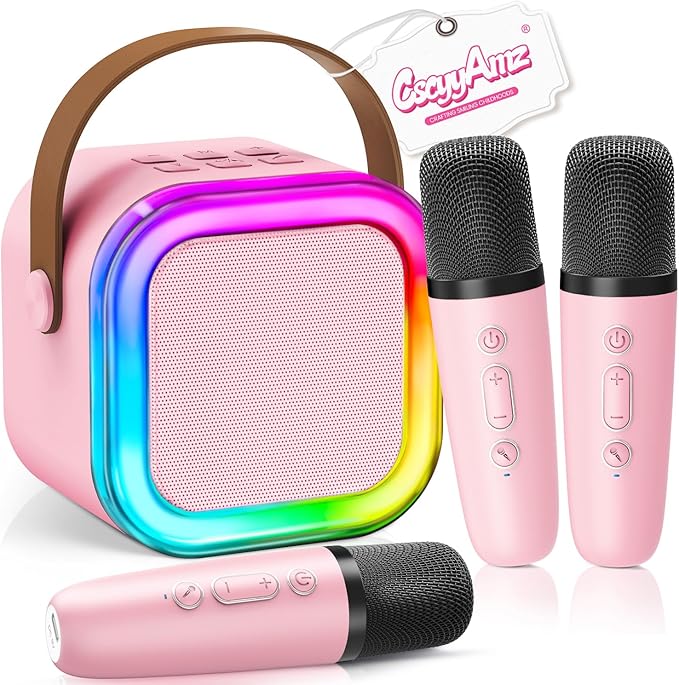 Upgraded Mini Karaoke Machine with 3 Wireless Microphones for Kids Girls Boys - Karaoke Party Speaker Christmas Birthday Gifts for 4 5 6 7 8 9 10 11+ Year Old - Kids' Instrument Accessories - Pink