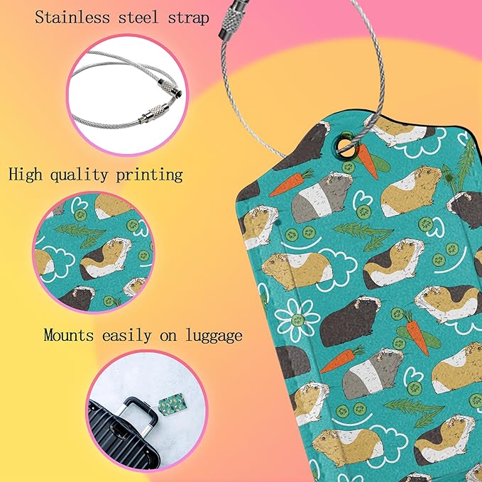 Luggage Tags for suitcases,2 Pack Cute Guinea Pig Luggage Tag,Leather Stainless Steel Loop Label Tag for Women Men Girls Travel Bag Suitcase
