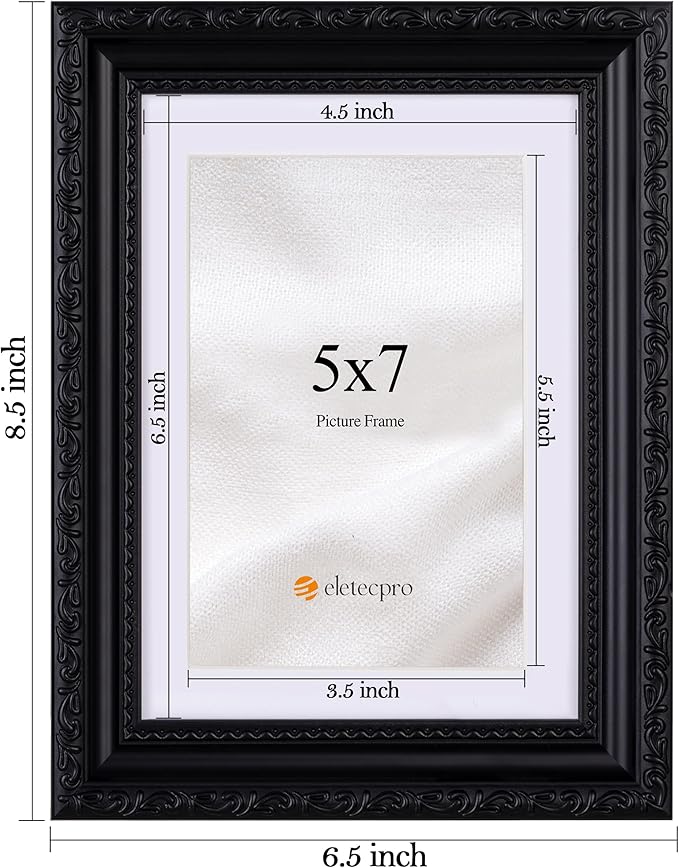 eletecpro 5x7 Picture Frames Set of 4, 5 x 7 Vintage Frames with Glass Cover, Gothic Photo Frame Displays 4x6 Photo with Mat or 5x7 without Mat for Tabletop or Wall Decor, Black