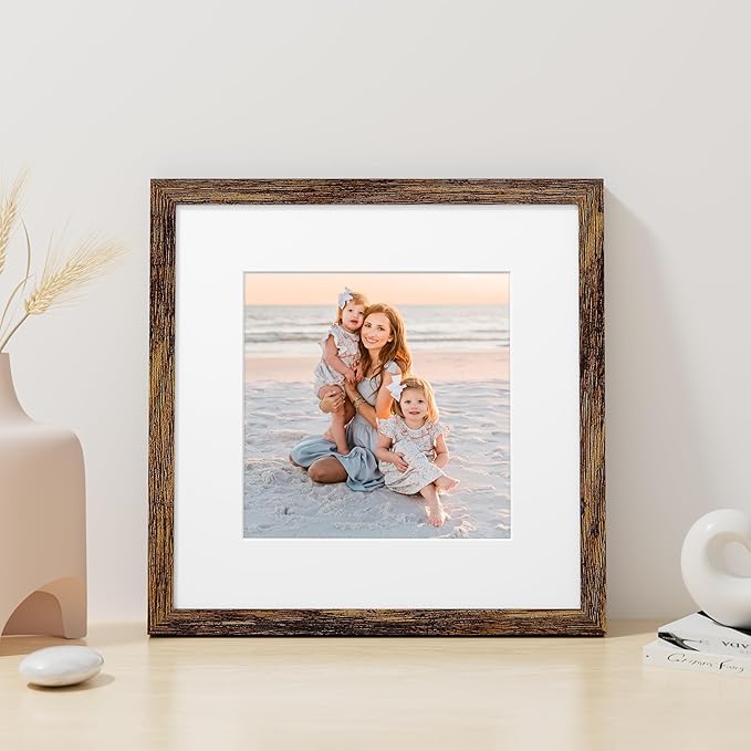 Vittanly 12x12 Picture Frame, Made of Solid Wood and Shatterproof Plexiglass, Display Pictures 8x8 with Mat or 12x12 without Mat, Wooden Photo Frame for Wall Mounting, Dark Brown, 1 Pack