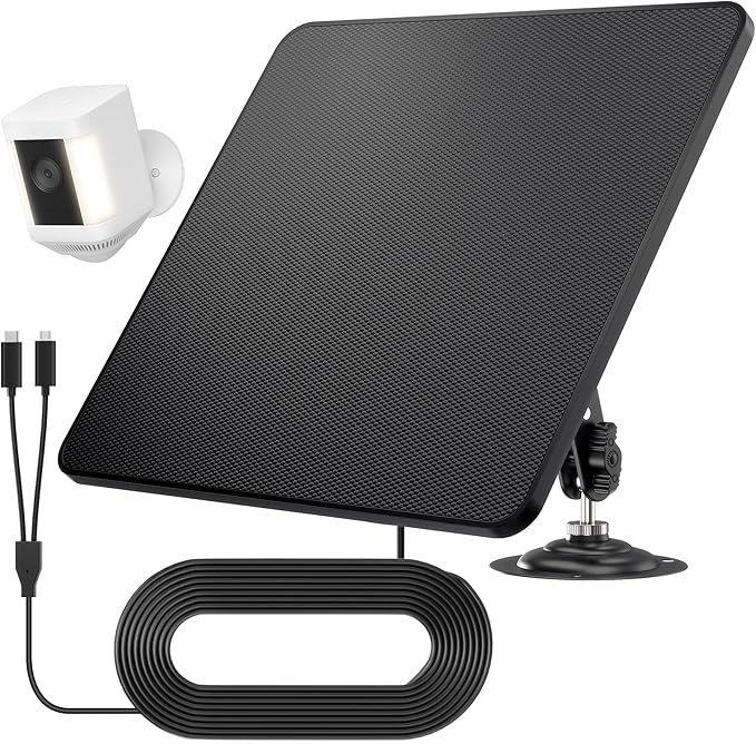 KJK 6W Solar Panels for Security Camera, Solar Battery Charger with Micro USB & USB-C Port for DC 5V Outdoor Rechargeable for Ring Camera, IP66 Waterproof, 360° Adjustable Security Mount