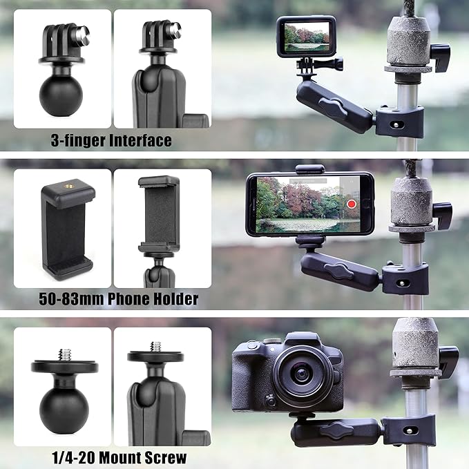 Super Clamp Camera Mount with 360° Ball Head & Phone Holder, Aluminum Magic Arm Camera Clamp Mount for GoPro/Insta360/DJI OSMO/AKASO/DSLR/Smartphone