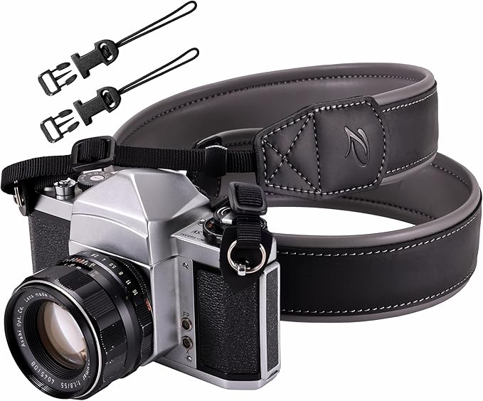 Padwa Lifestyle Black Padded Leather Camera Strap - Full Grain Genuine Cowhide Camera Straps with Gray Thick Skin-friendly Clothing Leather Padded,Soft&Comfort Strap for Long Periods of Photographers