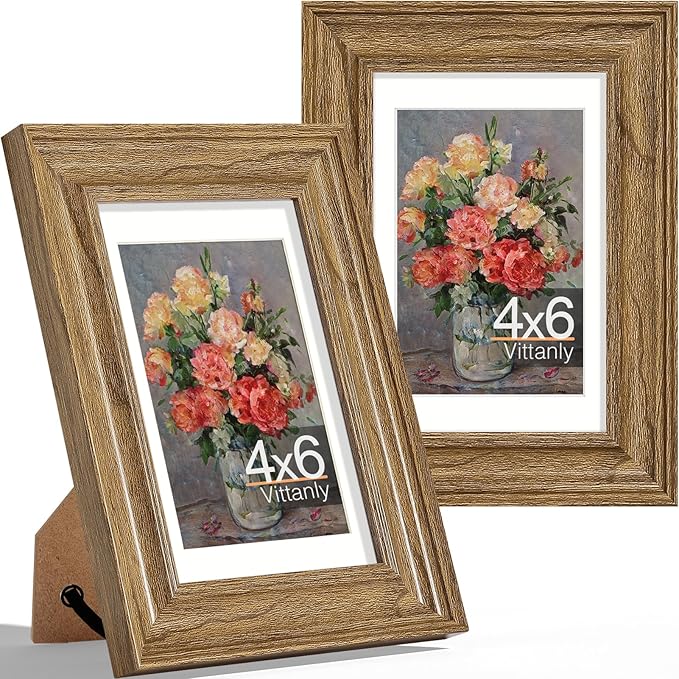 Vittanly 4x6 Picture Frames Set of 2, Ornate Vintage Photo Frame for Wall or Tabletop, Display 3.5x5 Pictures with Mat or 4x6 without Mat, Walnut