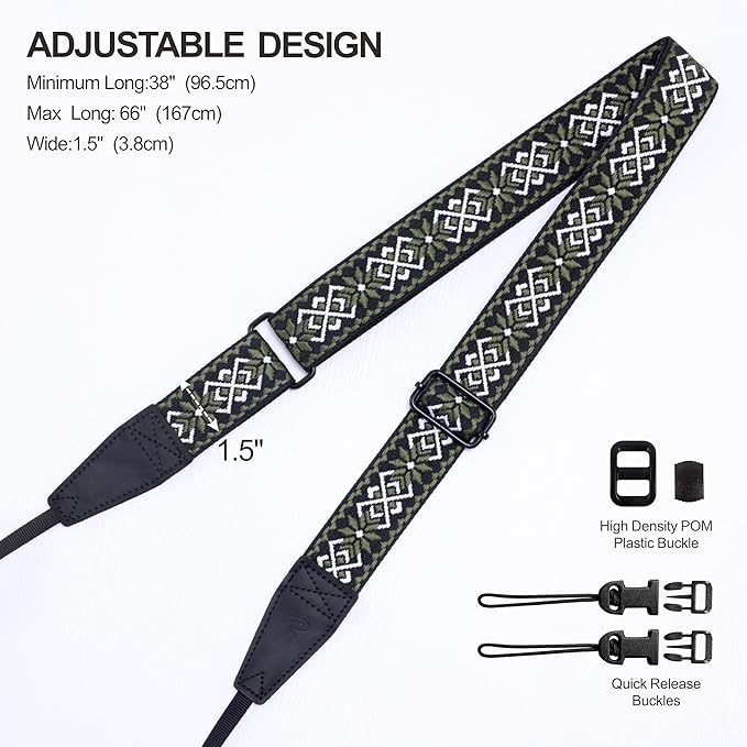 Padwa Lifestyle Adjustable Camera Strap - 1.5" Full Grain Leather Ends Camera Straps for Photographers, Adjustable Neck Shoulder & Crossbody Cotton Strap Quick Release for Cameras and Binoculars