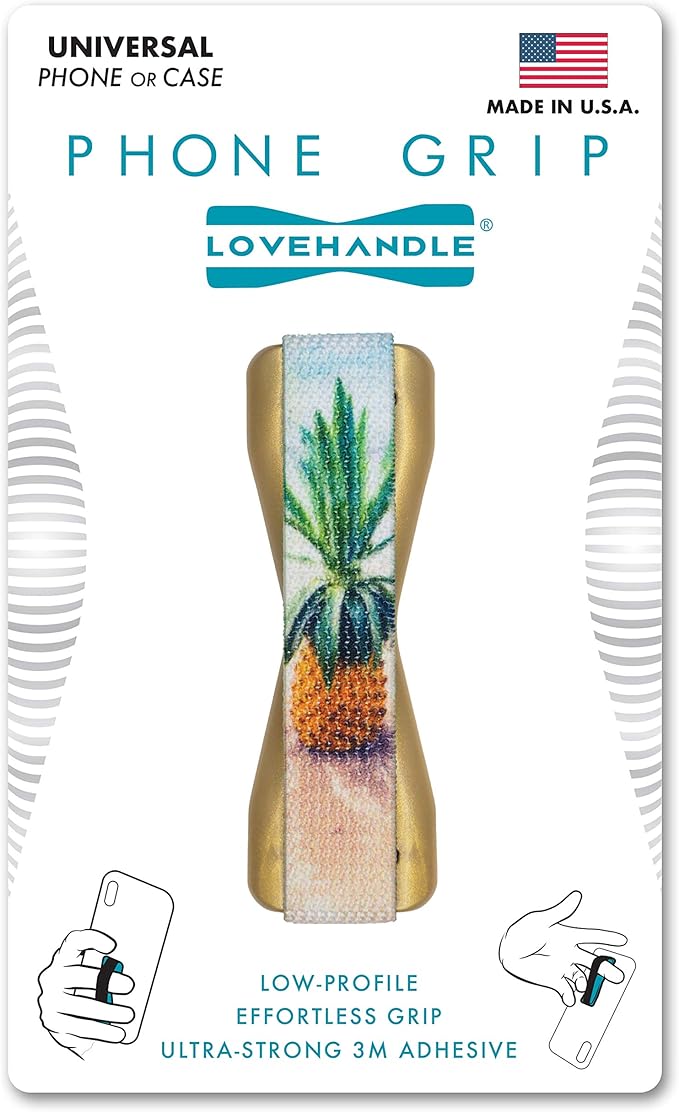 LOVEHANDLE Universal Phone Grip for Smartphones & Mini Tablets - Phone Holder for Hand - Wireless Charging Compatible - Made in The USA - Beached Pineapple