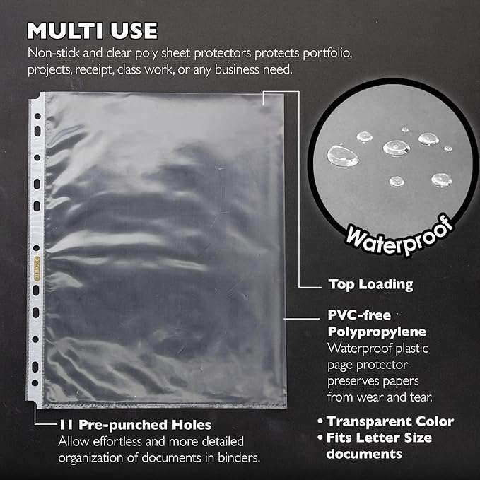 BAZIC Products Sheet Protectors Economy, Fit 8.5x11 Inch Paper, 11 Hole Clear Plastic Sleeves Ring Binder Sheets, Archival Safe (100/Pack), 1-Pack