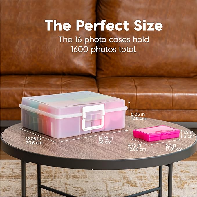 IRIS USA 4" x 6" Photo Storage Box Craft Keeper, 2-Pack, Discreet Handle Container with 16 Organization Holder Cases for Pictures, Tasks, Scrapbooking, Ephemera, Stationery Storage, Multi-Color/Pearl