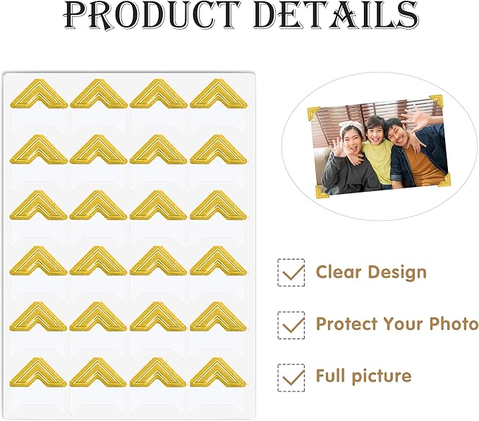 240 Pieces Photo Corners Self Adhesive Photo Corner Stickers, Picture Mounting Corners Acid Free Photo Corner for DIY Scrapbook, Album, Picture Frames, Journal Supplies (Gold)