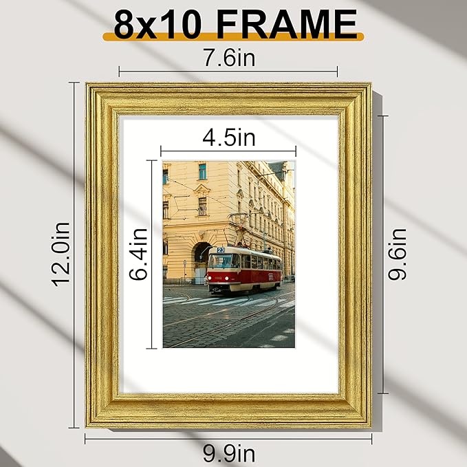 Vittanly 8x10 Picture Frames Set of 2, Ornate Vintage Photo Frame for Wall or Tabletop, Display 5x7 Pictures with Mat or 8x10 without Mat, Rustic Gold
