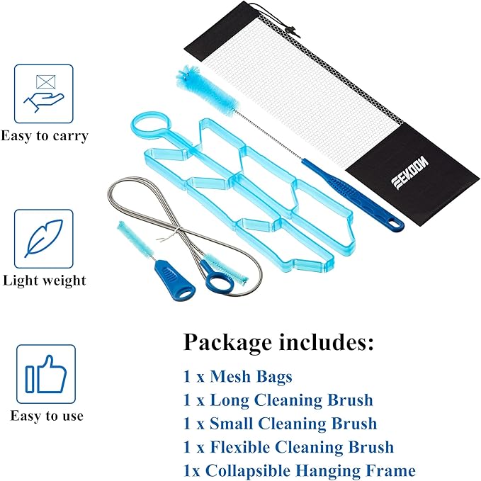 Feekoon Reservoirs Backpack Accessories Hydration Bladder Cleaning Kit with Flexible Long Brush for Hose, Small Bite Valve and Big Brush, Drying Collapsible Bladder Frame, Carrying Pouch