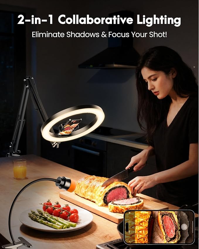 Ring Light with Stand Overhead Phone Mount for Desk & Zoomable Spotlight, 2-in-1 Lighting Kit with Ring Light Tripod for iPhone, 30+ Lighting Modes, Ideal for Video Recording,Cooking,Content Creation