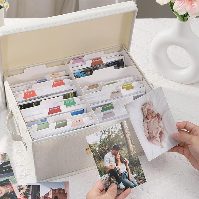 Aokeyee Decorative Linen Photo Storage Box - Holds 1700 4x6 Pictures, Memory Keepsakes Organizer with Dividers
