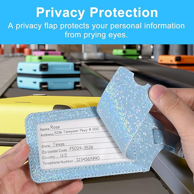 ACdream Luggage Tags 2 Pack, Leather Suitcase Tags Identifiers, Cute Cruise ID Labels with Privacy Cover fits on Backpack, Travel Bag, for Women, Men, Adults, Kids, Sky Blue Glitter