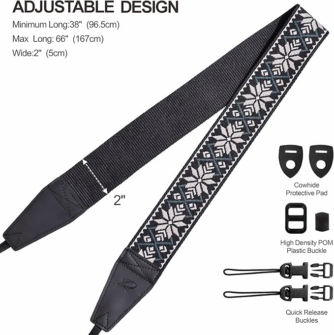 Padwa Lifestyle Camera Strap - 2" Full Grain Leather Ends Camera Straps for Photographers, Vintage Embroidered Cotton Weave Soft Strap Quick Release fits All Cameras