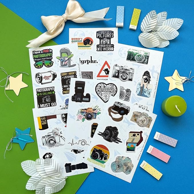 BulbaCraft 100Pcs Photography Stickers, Camera Stickers for Water Bottles, Laptop, Scrapbooking, Planners — Photographer Gifts Women, Camera Gifts for Photographers Women & Men