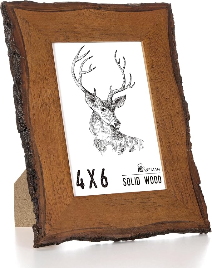 Axeman 4x6 Live Edge Picture Frame, Solid Rustic Handcrafted Wood Frame with Real Bark Edges & High Definition Glass Front, Farmhouse Decor for Tabletop or Wall Display