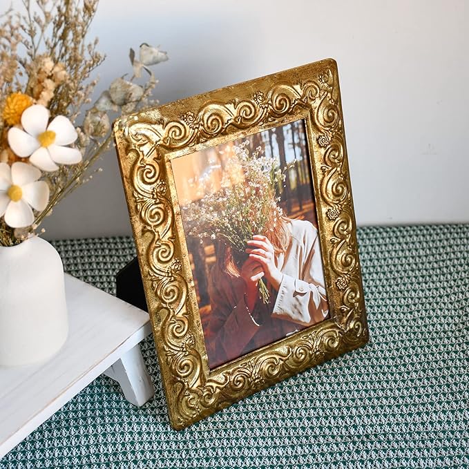 Vintage 5 x 7 Gold Picture Frame Table Top Display Retro Flower Design Antique Picture Frames with HD Glass Front, Great Gift Metal Photo Frames for Wedding Baby Family Portraits Home Office Decor