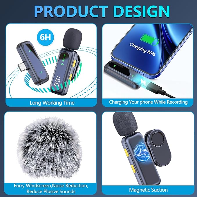 RICCHI Wireless Lavalier Microphone for iPhone iPad and Android Phone, 2pcs Mini Microphone with Noise Reduction Lapel Mic for Video Recording Interview Podcast YouTube TikTok