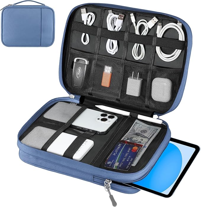 Dadanism Electronics Travel Organizer Case, Double Layers Cord Organizer Travel All-in-One Storage Bag for Cable, Cord, iPad, Chargers, fits 9-11'' Tablets, Portable Tech Accessories Bag, Blue