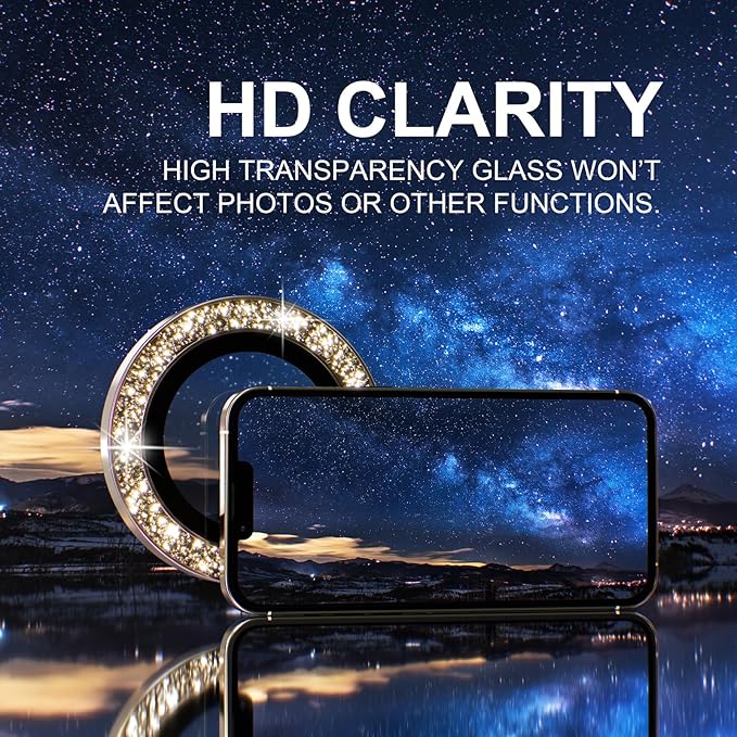 Choiche Compatible for iPhone 13 Pro/iPhone 13 Pro Max Camera Lens Protector Bling, 9H Tempered Glass Camera Cover Screen Protector Metal Ring Decoration Accessories (Glitter-Gold)